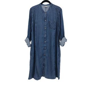 J. Jill Denim Button Dress Checked Print Roll Tab Sleeve Blue Large